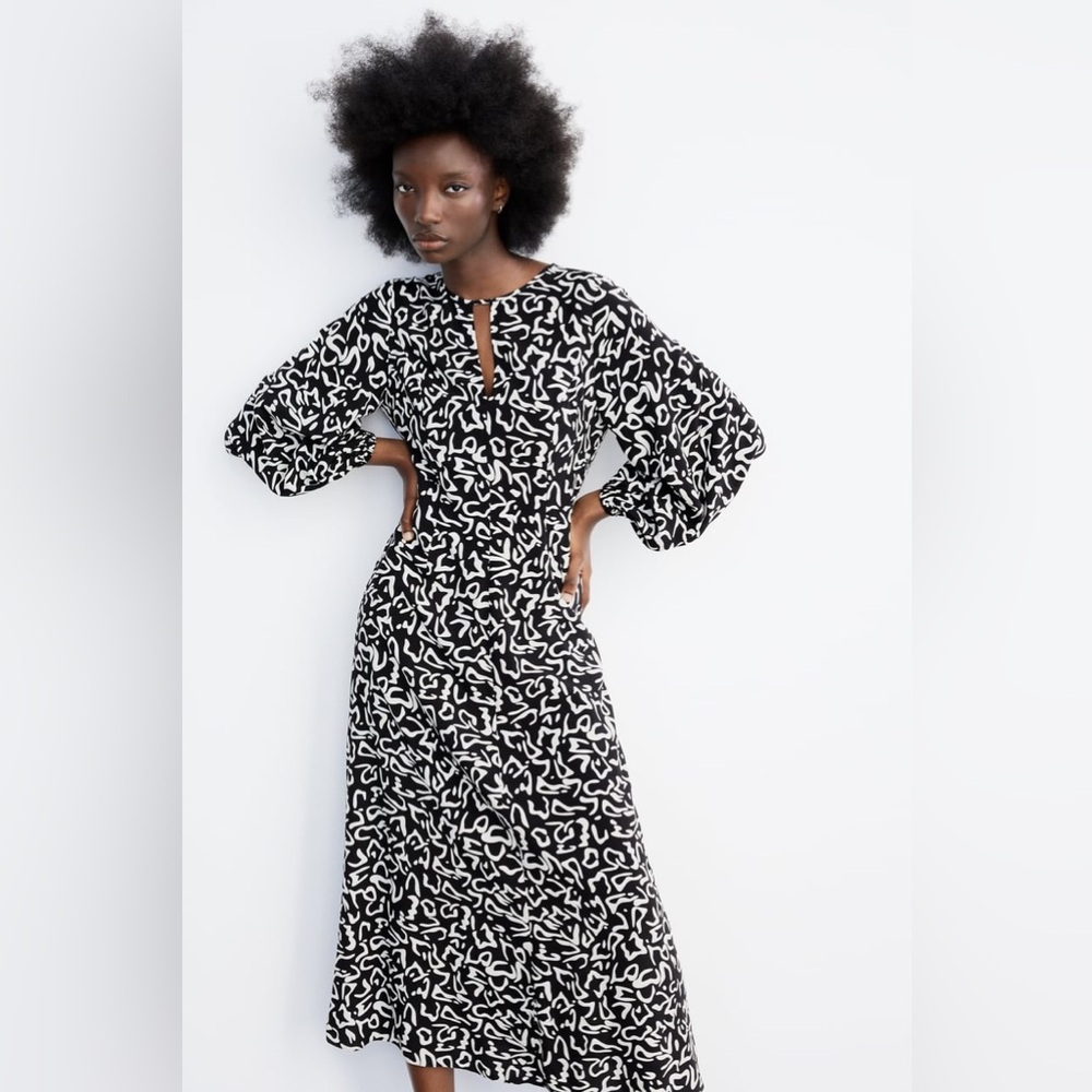NWT Zara Black Patterned Midi Dress 4886 064